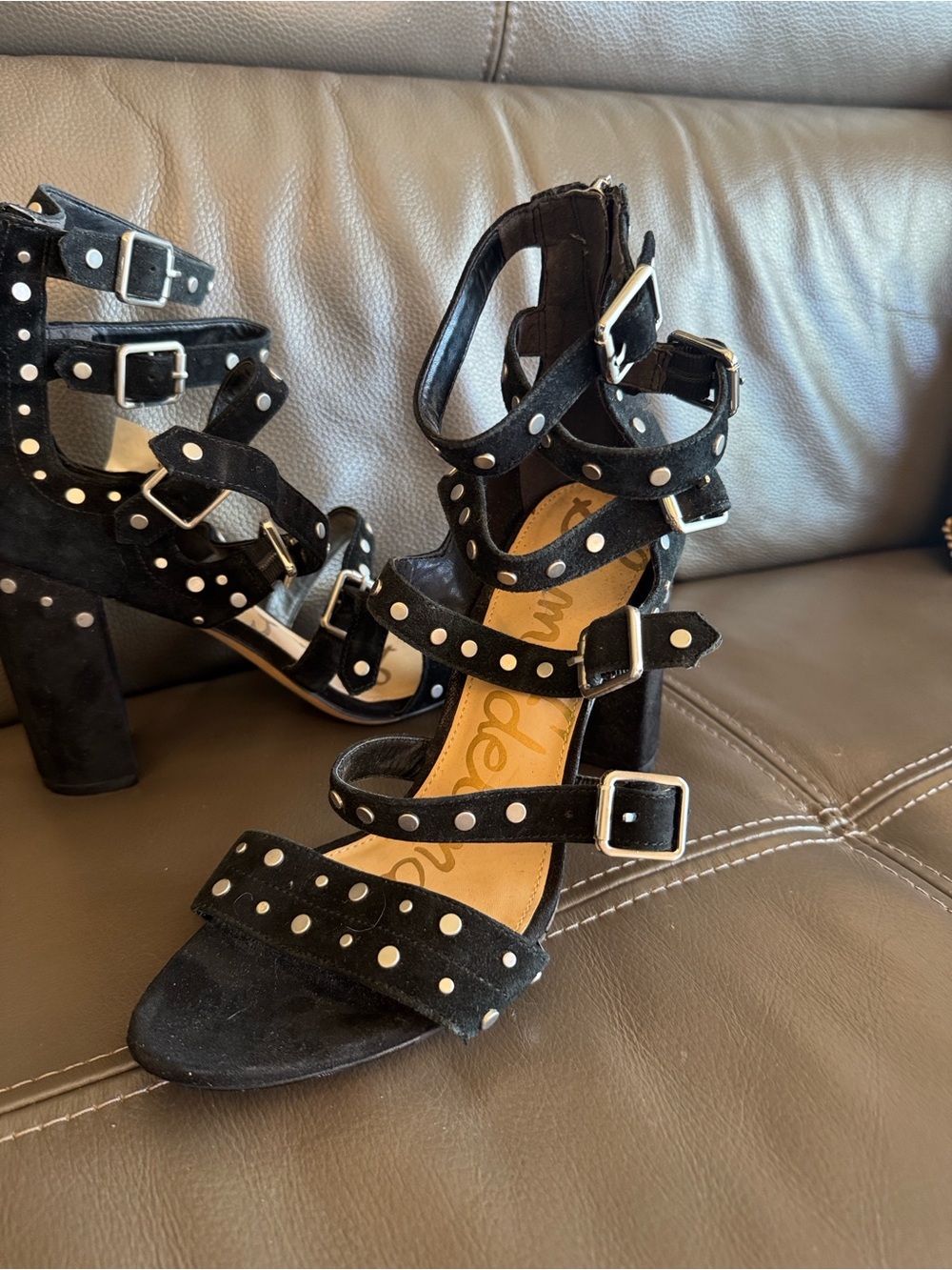 Sam Edelman Black Suede Studded Buckle Block Heels - Picture 16 of 16